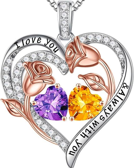 Iefil Christmas Gifts for Women Wife - 925 Sterling Silver Rose Heart Birthstone Necklace Birthday Anniversary Jewelry Gifts for Her Wife Mom Daughter