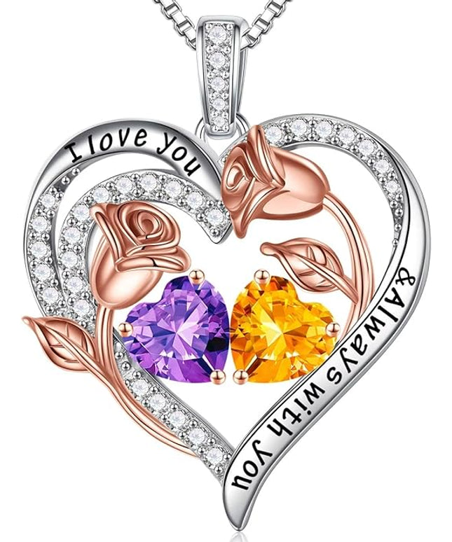 Iefil Christmas Gifts for Women Wife - 925 Sterling Silver Rose Heart Birthstone Necklace Birthday Anniversary Jewelry Gifts for Her Wife Mom Daughter