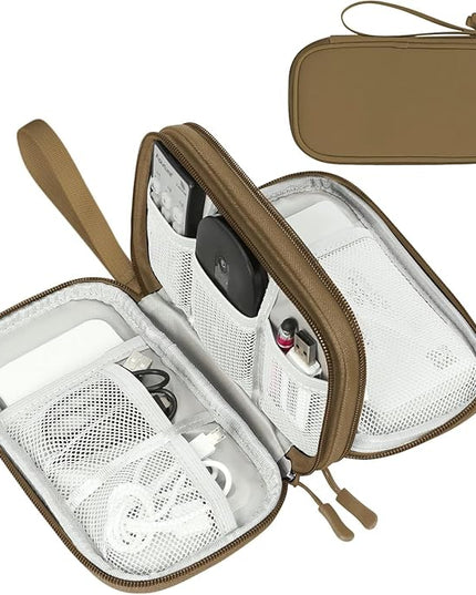 FYY Electronic Organizer, Travel Cable Organizer Bag Pouch Electronic Accessories Carry Case Portable Waterproof Double Layers All-in-One Storage Bag for Cable, Cord, Charger, Phone, Earphone Brown
