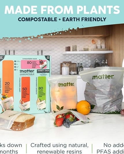 Matter Compostable Assorted Kitchen Bags, 230 Count, Biodegradable, Eco-Friendly Resealable Food Storage Variety Pack, 80 Snack, 80 Sandwich, 50 Quart & 20 Gallon