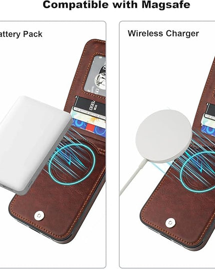 KIHUWEY for iPhone 13 Pro Max Case Wallet Compatible with MagSafe Wireless Charging, Credit Card Holder, RFID Flip Leather Magnetic Clasp Kickstand Heavy Duty Protective Cover 6.7 Inch (Brown)