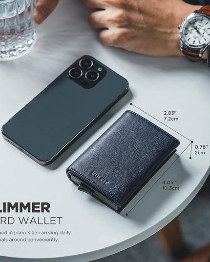 VULKIT Pop up Card Wallet Minimalist Cash Wallets RFID Blocking Leather Smart Credit Card Holder with ID window for Men(Navy)