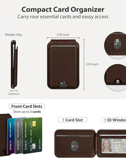 Belemay Strong Magnetic Wallet for MagSafe with Adjustable Stand, Full-Grain Leather Card Holder, Up to 5 Cards, RFID Blocking, Slim for iPhone 17/16/15/14/13/12 Series Men & Women - Bourbon Brown