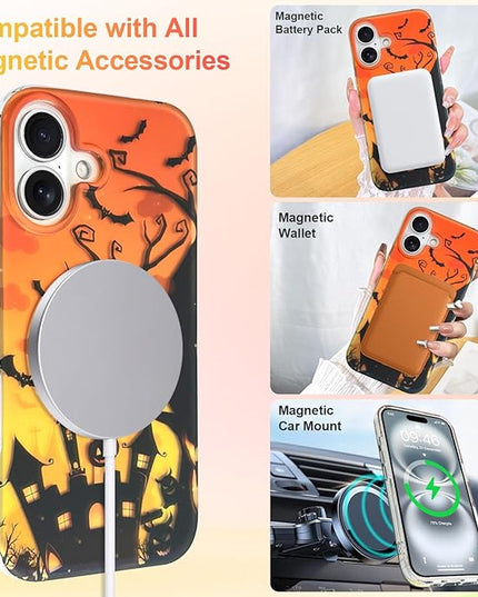 Halloween Case for iPhone 16 Case [ Compatible with Magsafe ] Holographic Orange Sky with Black Castle, Bats, Ghosts and Pumpkins Pattern Design, Creative Magnetic Protective Phone Cover