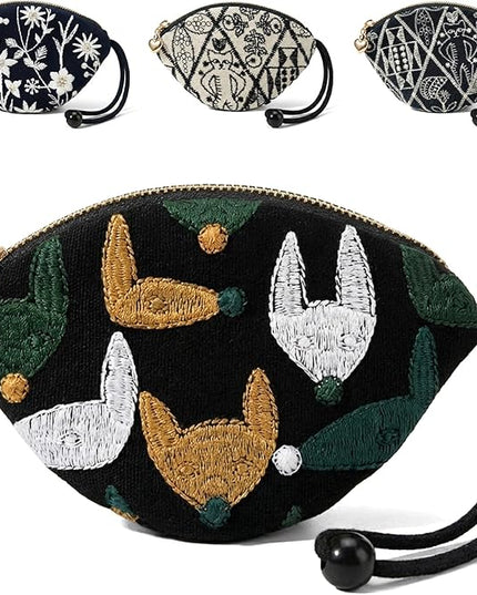 Embroidered Small Coin Purse for Women Girl,Vintage Cute Wallet Zipper Pouch,Handmade Aesthetic Oval Change Purse for Coins,Air-Tag,Small Jewelry Key with Pull-Out Key Ring