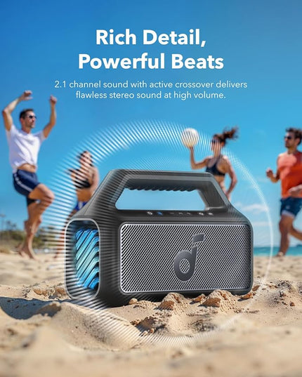 Soundcore Boom 2 by Anker, Outdoor Speaker, 80W, Subwoofer, BassUp 2.0, 24H Playtime, IPX7 Waterproof, Floatable, RGB Lights, USB-C, Custom EQ, Bluetooth 5.3, Portable for Camping and Beach - Black