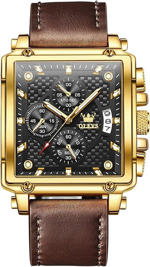 OLEVS Men's Chronograph Leather Watch, Big Face Easy to Read Analog Quartz Dress Watch, Casual Waterproof Luminous Hands Date Watches for Men, White/Blue/Black/Gold Dial