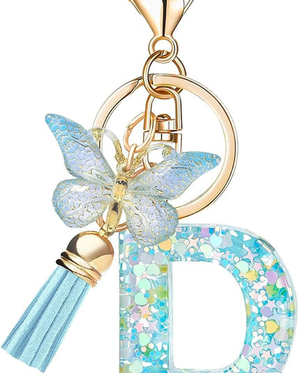 Fashion Alphabet Initial Letter Keychain Tassel Butterfly Pendant Key Ring for Purse Handbags Women Girl