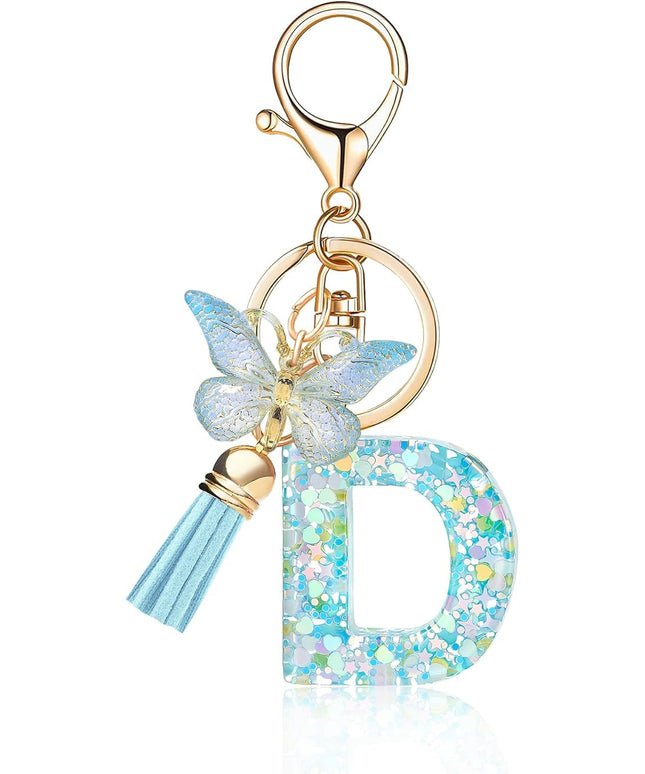 Fashion Alphabet Initial Letter Keychain Tassel Butterfly Pendant Key Ring for Purse Handbags Women Girl