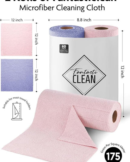 Fantasticlean Microfiber Cleaning Cloth Roll -60 Pack, Tear Away Microfiber Towels, 12" x 12", Reusable, Washable, Scratch Free, Ultra Absorbent Dishcloth for All-Around Cleaning (Pink & Lavender)
