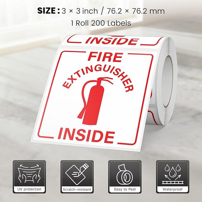 Fire Extinguisher Inside Sticker 200 PCS Self Adhesive 3 Inch Waterproof Vinyl Roll Sticker Safety Decal for Truck Trailer Business Equipment Warehouse