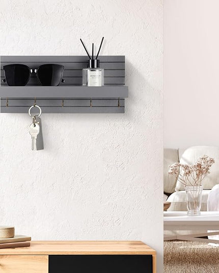 Lwenki Decorative Key Holder for Wall with Shelf, Entryway Shelf with Hooks Holds Leashes, Jackets and Glasses – Sturdy Wood Keyholder Entrance Hanger with Mounting Hardware (Gray, Medium)