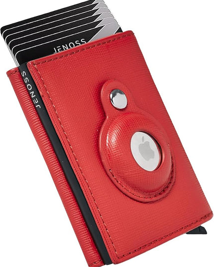 Jenoss Full Grain Leather Wallet for Men & Women: Smart AirTag Wallet With Pop Up Case, Slim, RFID Blocking, Credit Card Holder, Apple Air Tag Tracker Minimalist 9-12 Slot | ID & Cash (Red)