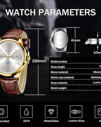 Mens Leather Watch Large Face Classic Quartz Mens Analog Watches Luxury Dress Watches for Men Waterproof Men's Wrist Watch Easy Read with Date Number Dial Relojes para Hombre