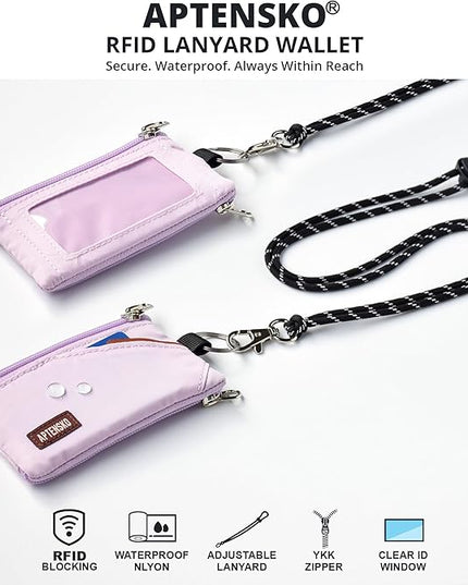 RFID Travel Wallet with Adjustable Lanyard-Zipper Small Wallet with ID Card Holder, Keychain for women&men-Minimalist Slim Waterproof Nylon case for ID, Cash, Key (Soft Lilac)