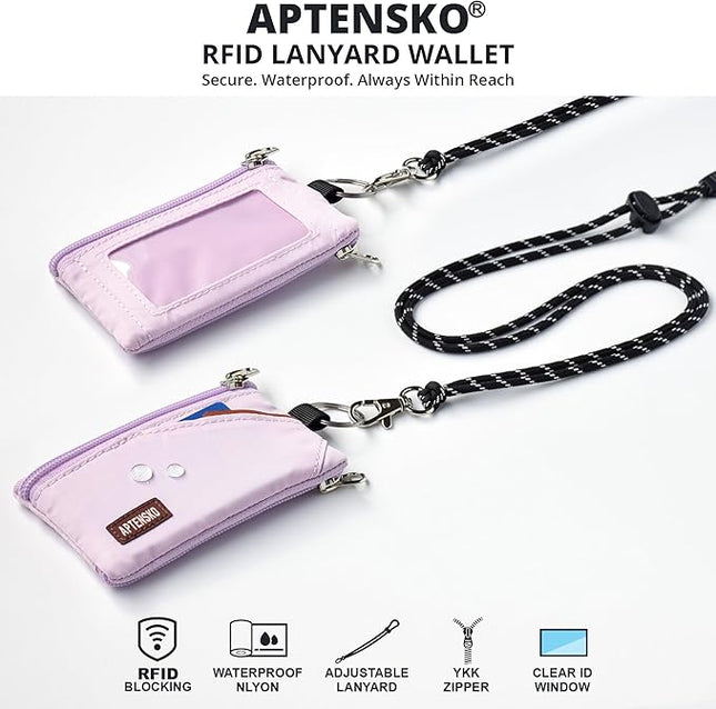 RFID Travel Wallet with Adjustable Lanyard-Zipper Small Wallet with ID Card Holder, Keychain for women&men-Minimalist Slim Waterproof Nylon case for ID, Cash, Key (Soft Lilac)