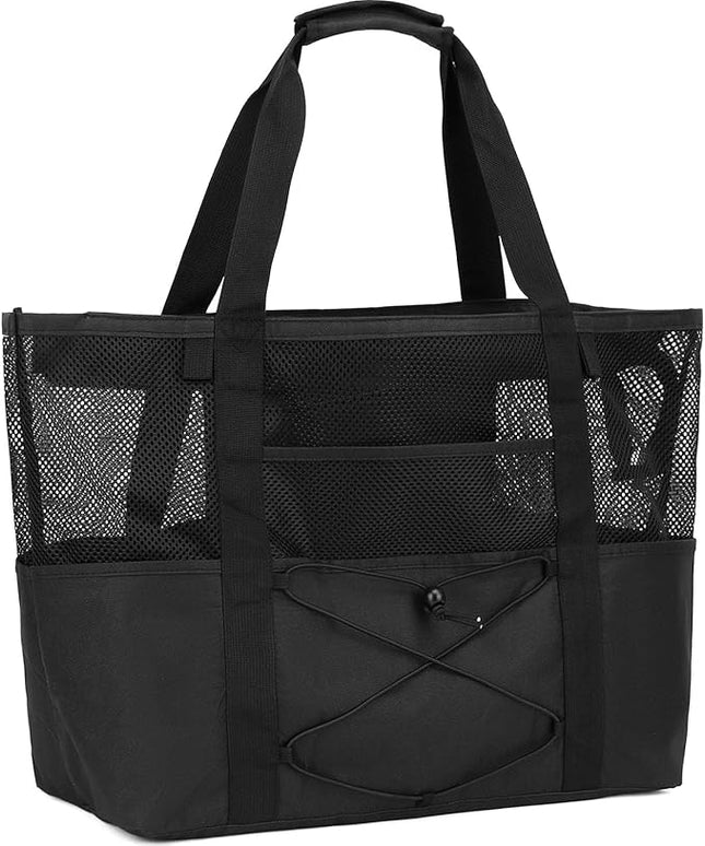 Mesh Beach Bag, Large Beach Tote with Zipper Pocket, Toys Pool Bag for Family Travel Vacation Cruise Essentials