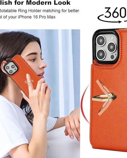 Folosu Compatible with iPhone 16 Pro Max Case Wallet with Card Holder, 360°Rotation Finger Ring Holder Kickstand, RFID Blocking Leather Protective Double Buttons Shockproof Cover 6.9 Inch Brown