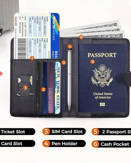 Melsbrinna Premium Leather Passport Holder Covers Case, Waterproof Rfid Blocking Travel Wallet Passport Holder with Pen Holder, Cute Passport Book for Women/Men
