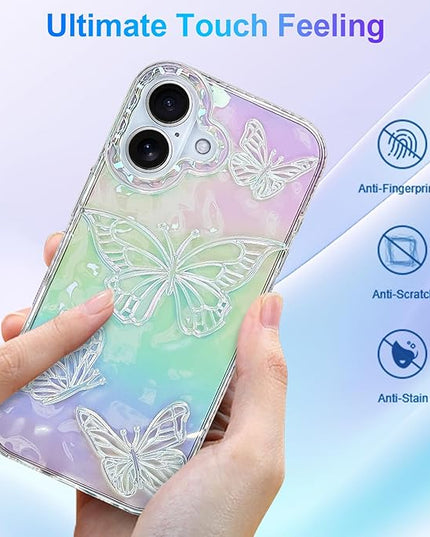 Cute Case for iPhone 17 Case for Women Girls, with 3D Butterflies Pattern Design, Aesthetic Clear Iridescent Glitter Kawaii Girly Rainbow Protective Phone Cover
