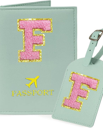 COSHAYSOO Initial Passport Cover Luggage Tag Set Letter Passport Holder for Woman College Teen Girls Airplane Cruise Travel Essentials Vacation Teal F