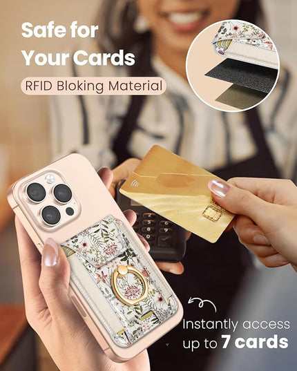 Shorogyt Compatible with Magsafe Wallet with Grip Magnetic Card Holder - Cute Phone Wallets with Ring Stand for iPhone 17/16/15/14/13/12 Series for Women Girls Flowers Design, Fit 7 Cards