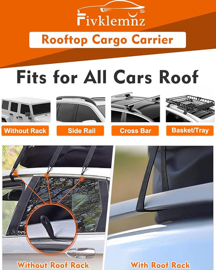 FIVKLEMNZ 30 Cubic Car Rooftop Cargo Carrier Roof Bag Waterproof for All Top of Vehicle with/Without Rack Includes Topper Anti-Slip Mat + Reinforced Straps + 6 Door Hooks + Luggage Lock