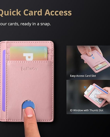 Buffway Slim Minimalist Front Pocket RFID Blocking Leather Wallets for Men and Women - Alaska Pink