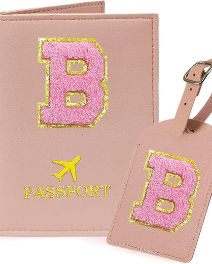 COSHAYSOO Initial Passport Cover Luggage Tag Set Letter Passport Holder Airplane Cruise Travel Essentials Vacation Traveling Accessories Personalized Gifts for Women Teen College Girls Pink B