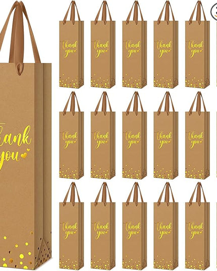 Ctosree 30 Pcs Wine Bottle Gift Bag with Handle 4.3x3.5x13.7 Liquor Paper Bag for Thank You Favor Gold Foil Kraft Whiskey Tote Carrier for Wedding Birthday Bridal Valentine's day Party(Brown)