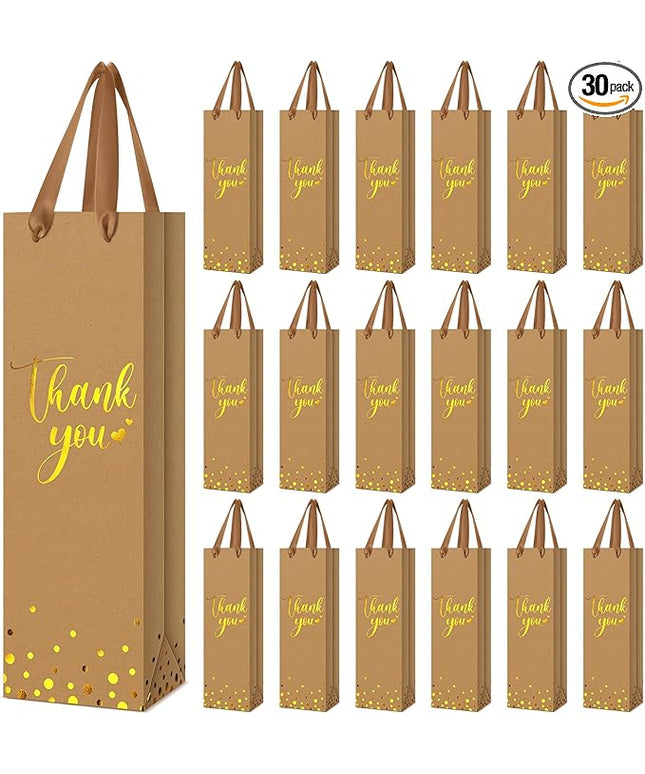 Ctosree 30 Pcs Wine Bottle Gift Bag with Handle 4.3x3.5x13.7 Liquor Paper Bag for Thank You Favor Gold Foil Kraft Whiskey Tote Carrier for Wedding Birthday Bridal Valentine's day Party(Brown)