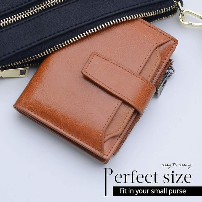 Bveyzi Women's Small Leather RFID Blocking Bifold Zipper Pocket Wallet Ladies Credit Card Slots Purse with id Window