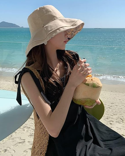 HUAMULAN Women Summer Sun Hat Wide Brim Wired Edge Floral Beach Bucket Hats Reversible Foldable Travel UV Protection Lady Hat