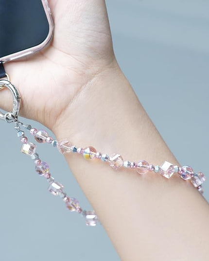 Cell Phone Wrist Strap Crystal Beaded Phone Bracelet Strap For Women Sparkling Beads Wristlet Lanyard Beaded Chain (Sakura Pink)