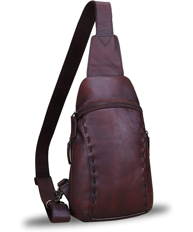 LRTO Genuine Leather Silng Bag for Women and Men Vintage Real Leather Sling Backpack Shoulder Crossbody Bag Chest Purse