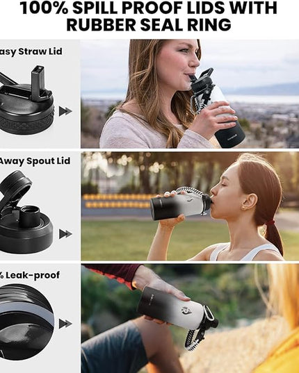 Insulated Water Bottle 32 oz, Triple Wall Vacuum Stainless Steel (Cold for 48 Hrs), Leak Proof & Non-BPA, Modern Water Flask Jug with Paracord Handle & Straw Spout Lids, Ombre: White/Black