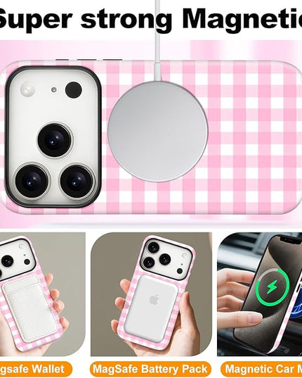 Magnetic for iPhone 17 Pro Max Case Cute Checkered Stripes Phone Case for Women Girls, Shockproof Slim TPU and Hard PC Protective Phone Cover Compatible with MagSafe Designed, Pink