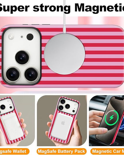 Magnetic for iPhone 17 Pro Max Case Cute Stripes Phone Case, Shockproof Slim TPU and Hard PC Protective Phone Cover Compatible with MagSafe Designed for Women Girls, Pink and White