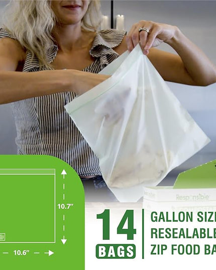 Responsible Products Certified Compostable Large GALLON Resealable Zip Bag, Extra Strength Food Bags, Made from Plant Materials (14 Pack)