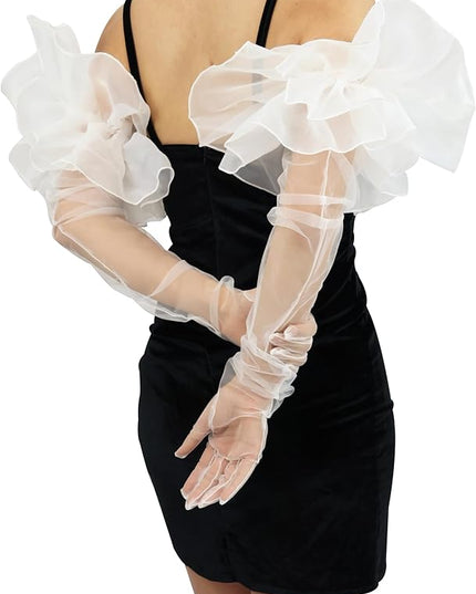Super Puff Sheer Long Gloves Oversize Tulle Mesh Gloves for Cocktail Opera Party Glove Long Sleeve
