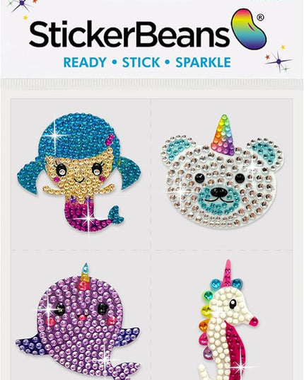 StickerBeans® Rhinestone Stickers – Whimsical 4-Pack, 2” x 2” Unique Sparkly Cut-to-Shape for Collecting, Trading, Decorating Laptops, Phone Cases, Scrapbooks, Kids, Teens, & Adults