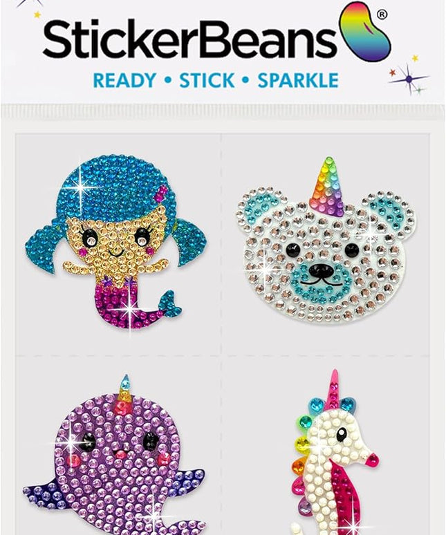 StickerBeans® Rhinestone Stickers – Whimsical 4-Pack, 2” x 2” Unique Sparkly Cut-to-Shape for Collecting, Trading, Decorating Laptops, Phone Cases, Scrapbooks, Kids, Teens, & Adults