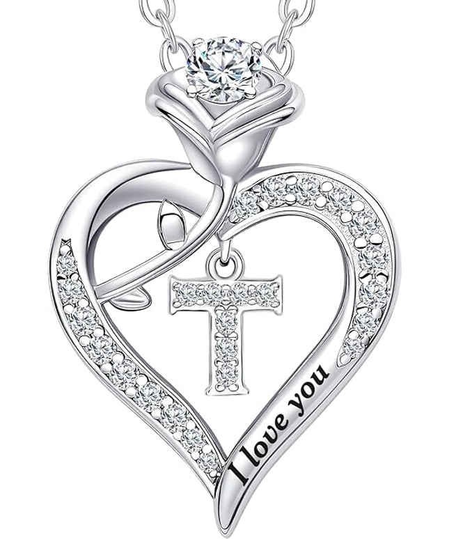 Rose Heart Pendant Necklace Gifts for Wife, Engraved 'I love you' Gift for Wife Girlfriend, Anniversary Birthday Eternity Jewelry Present for Women, Moissanite Necklace Gift for Her