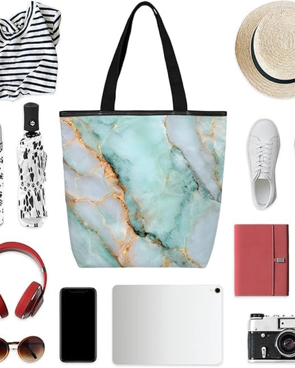 Pardick Canvas Tote Bags, Light Blue Marble Tote Bag Eco Friendly Reusable Grocery Shopping Bagsfor Beach, Books, Women with Zipper Inner Pocket