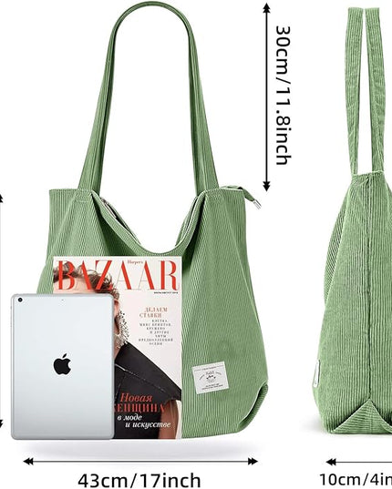 KALIDI Women Corduroy Tote Bag Zipper Casual Tote's Handbag Big Capacity Shoulder Bag with Pockets