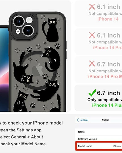 Cute Magnetic Case for iPhone 14 Plus Case [ Compatible with MagSafe ] with Black Cat Cats Pattern Design for Women Girls Boys, Soft Bumper Hard Back Kawaii Animal Protective Phone Cover