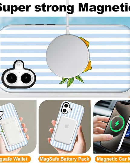 Magnetic for iPhone 17 Case Cute Lemon Stripes Phone Case, Shockproof Slim TPU and Hard PC Protective Phone Cover Compatible with MagSafe Designed for Women Girls, Blue