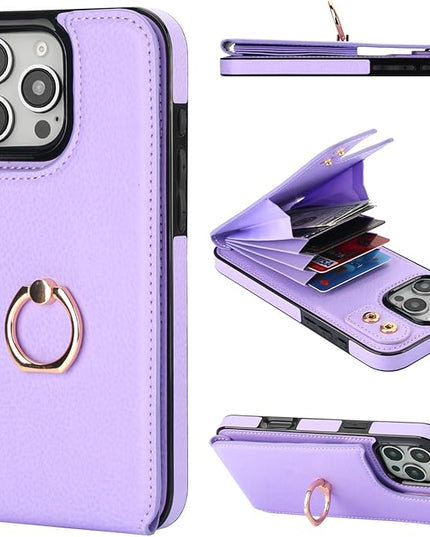 Folosu Compatible with iPhone 16 Pro Max Case Wallet with Card Holder, 360°Rotation Finger Ring Holder Kickstand, RFID Blocking Leather Protective Double Buttons Shockproof Cover 6.9 Inch Purple
