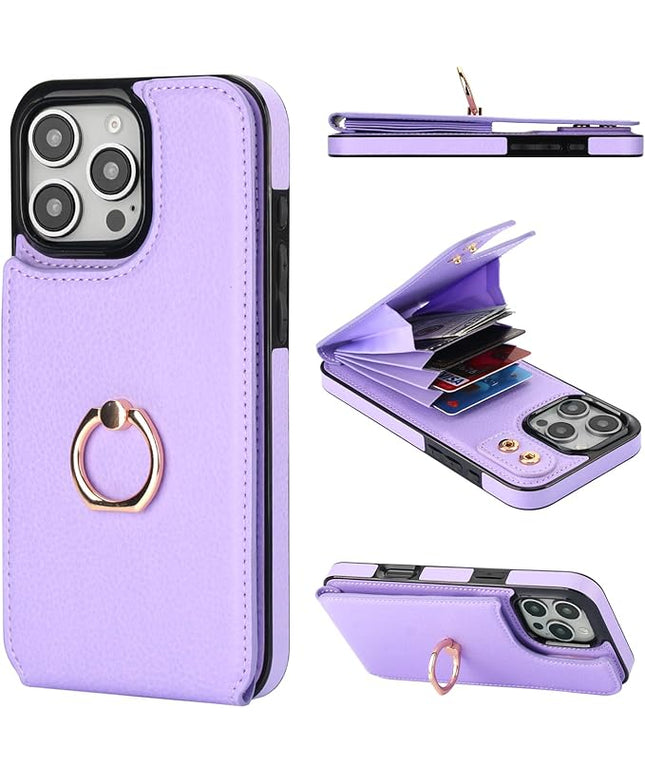 Folosu Compatible with iPhone 16 Pro Max Case Wallet with Card Holder, 360°Rotation Finger Ring Holder Kickstand, RFID Blocking Leather Protective Double Buttons Shockproof Cover 6.9 Inch Purple