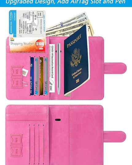Airtag Passport Holder Cover Wallet RFID Blocking Leather Case Travel Essentials Luggage Accessories Travel Must Have(118#Pink)